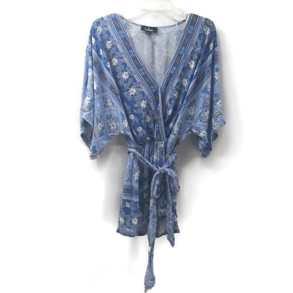 Lulus Dominica Blue Floral Print Surplice Romper S - Picture 4 of 12